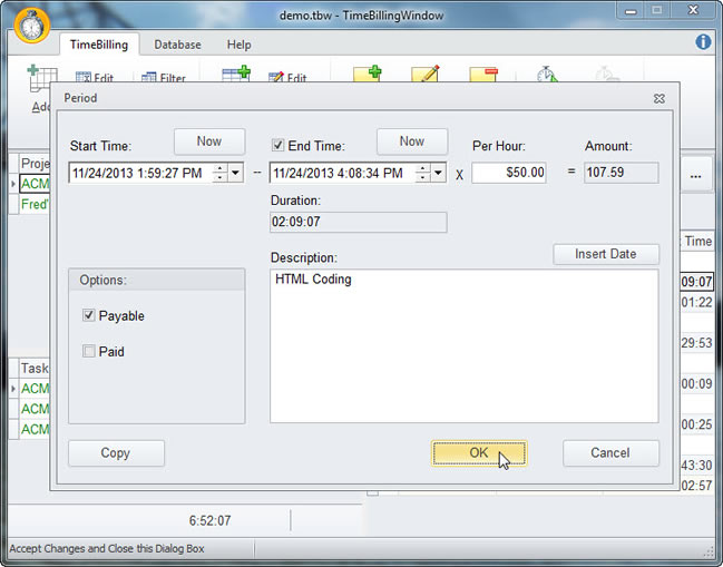 TimeBillingWindow Edit Time Window