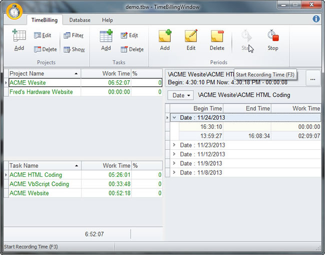 TimeBillingWindow Main Screen